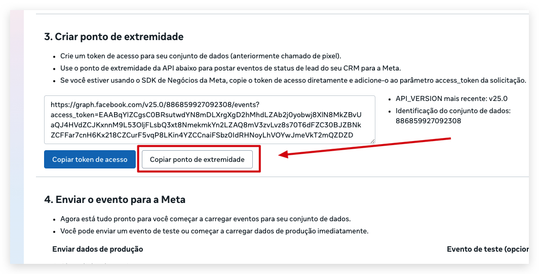 Botões Copiar token de acesso e Copiar ponto de extremidade na tela de criar ponto de extremidade.
