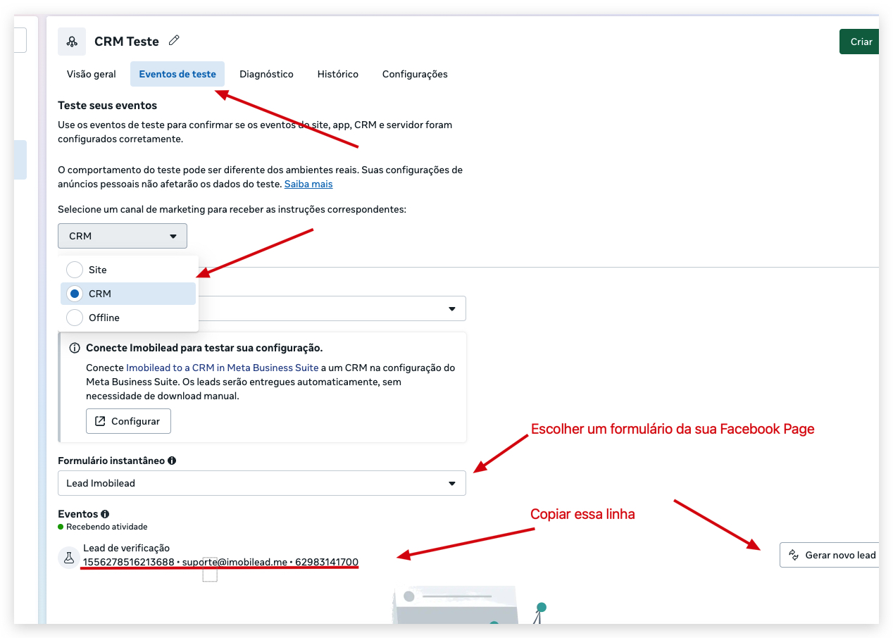Aba Eventos de teste no Meta com o canal CRM selecionado, um formulário instantâneo escolhido e a linha de Lead de verificação para copiar.