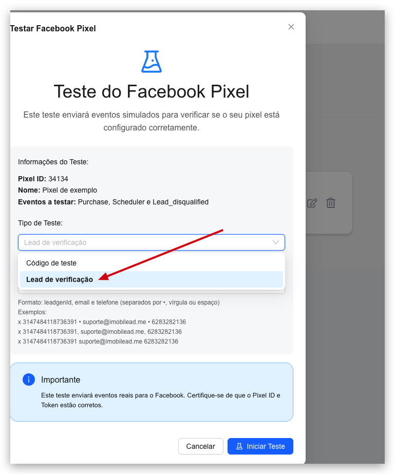 Janela 'Testar Facebook Pixel' do Imobilead com o Tipo de Teste 'Lead de verificação' selecionado.