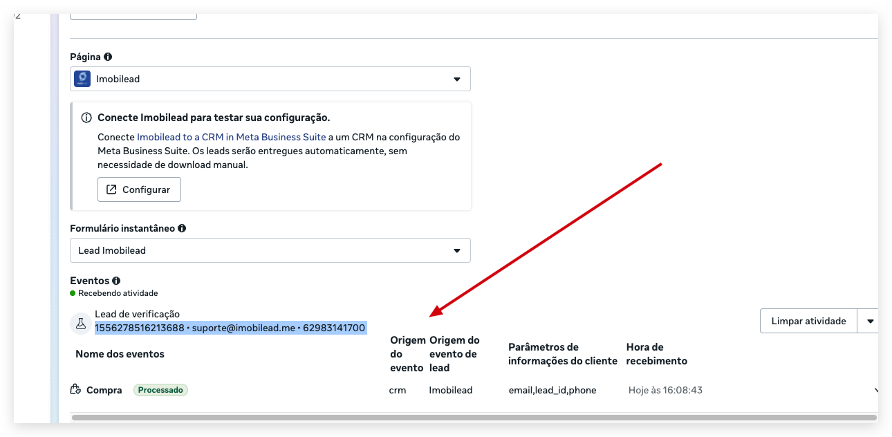 Eventos de teste recebidos no Meta mostrando o evento Compra com origem crm e status Processado.
