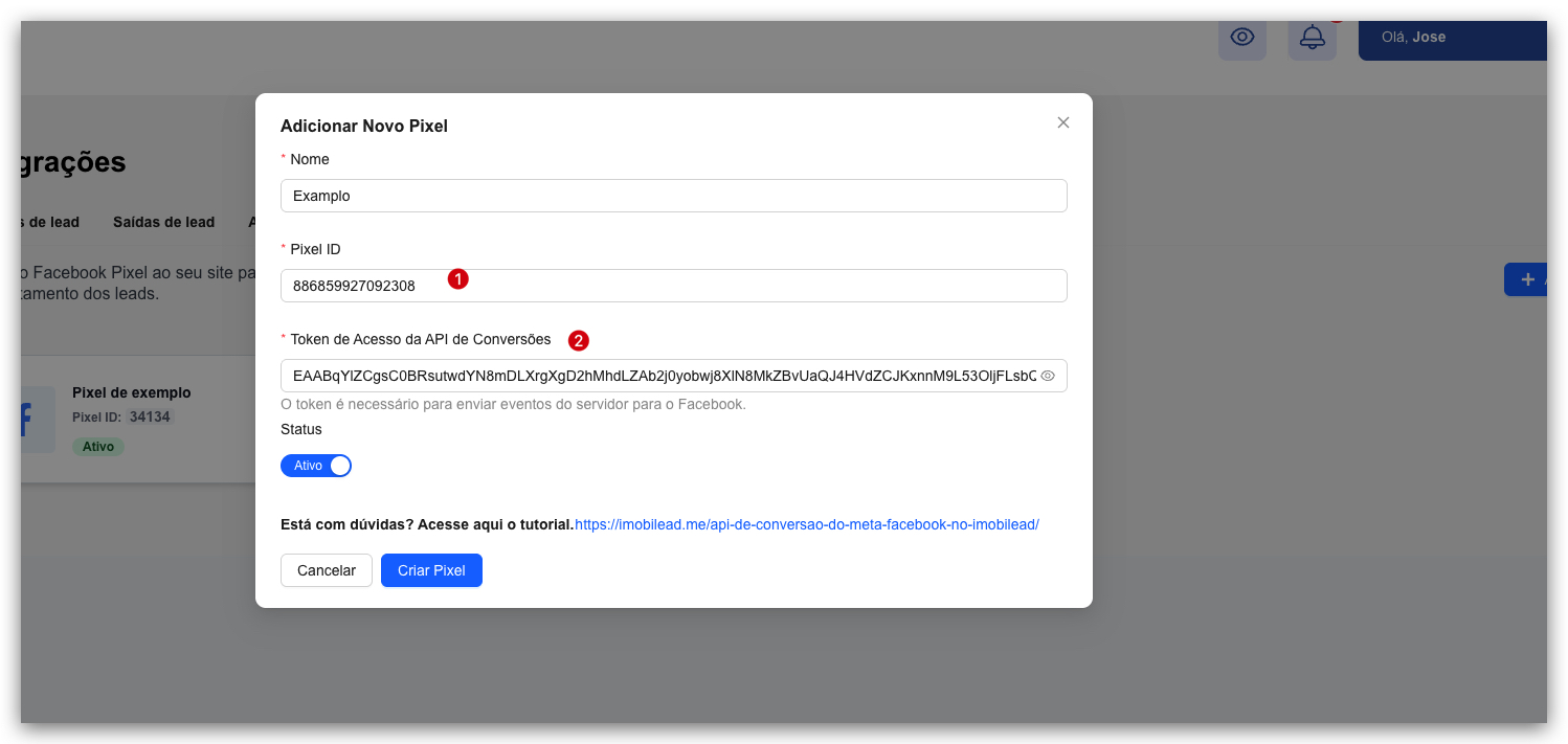 Formulário 'Adicionar Novo Pixel' do Imobilead com os campos Nome, Pixel ID e Token de Acesso da API de Conversões.