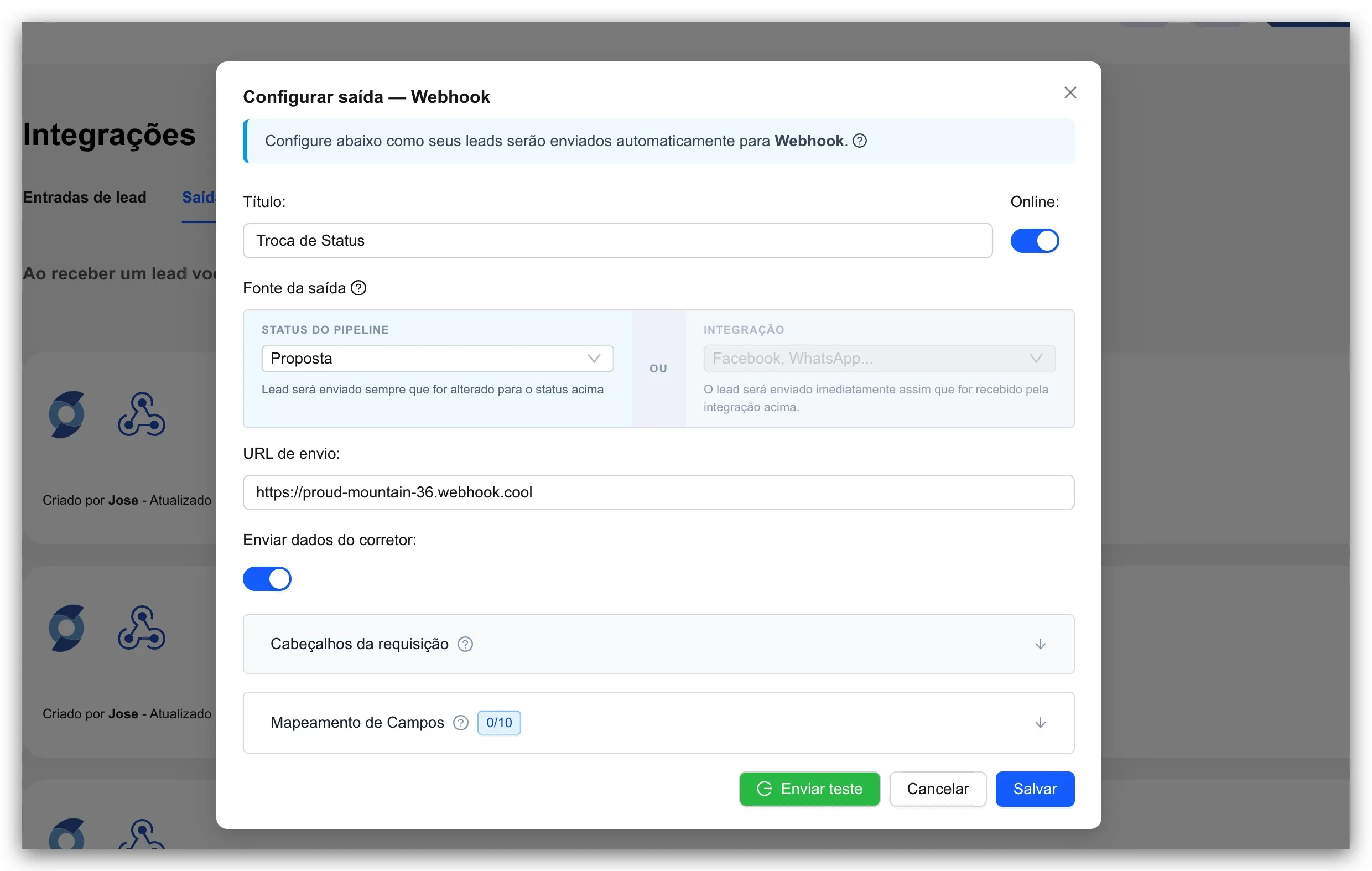 Tela de configuração da saída Webhook no painel do Imobilead