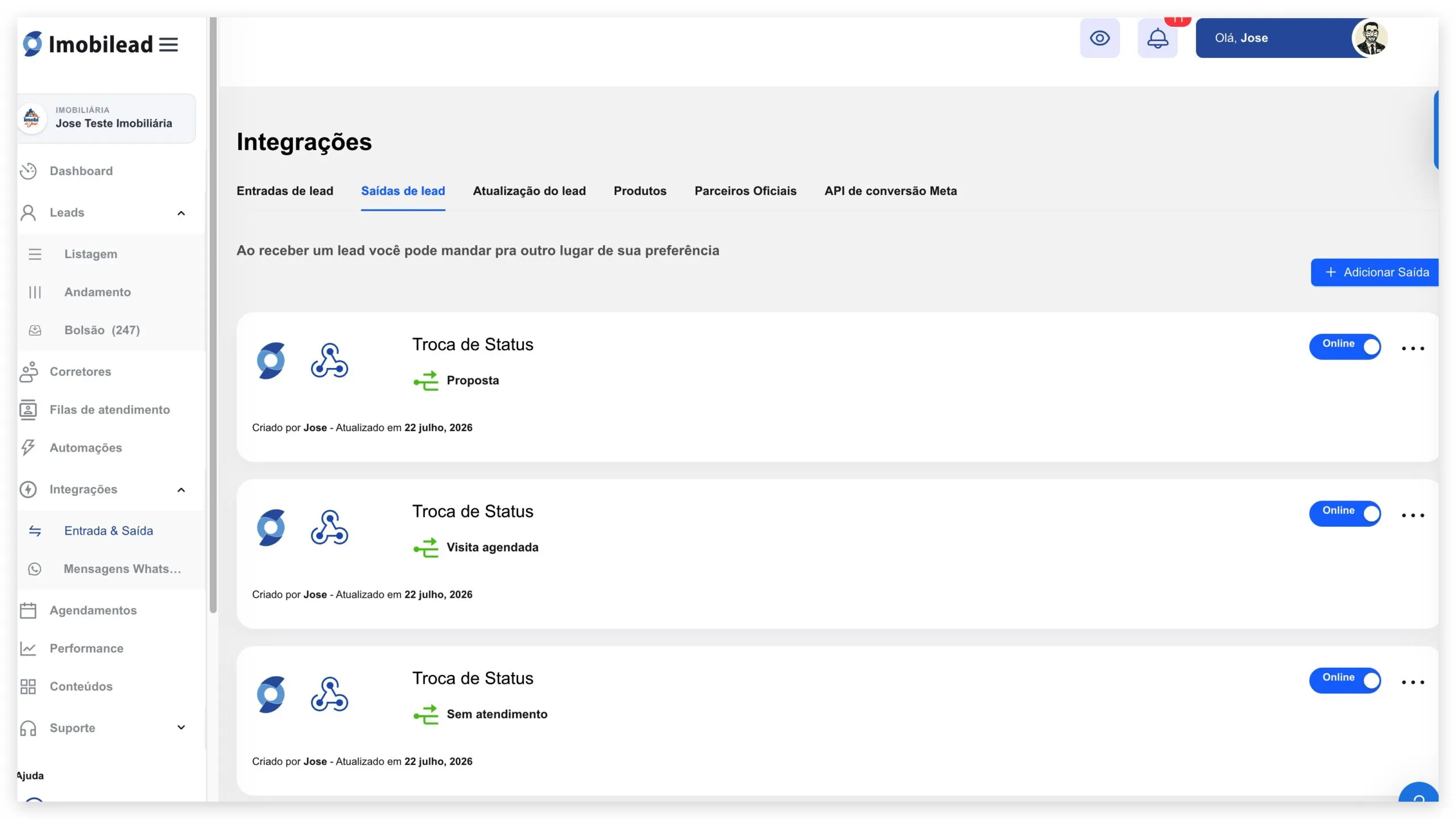 Lista de Saídas configuradas no painel do Imobilead, cada card vinculado a um status do pipeline