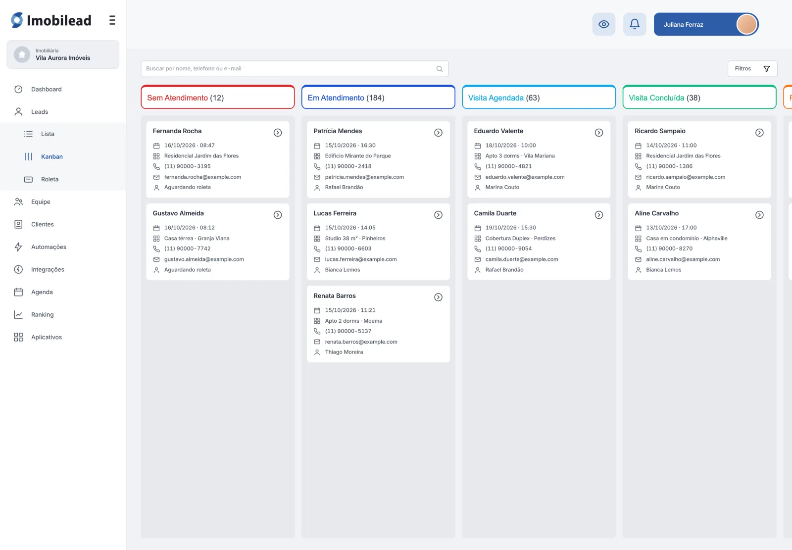 Funil de vendas do Imobilead em kanban, com os leads em cada etapa do atendimento