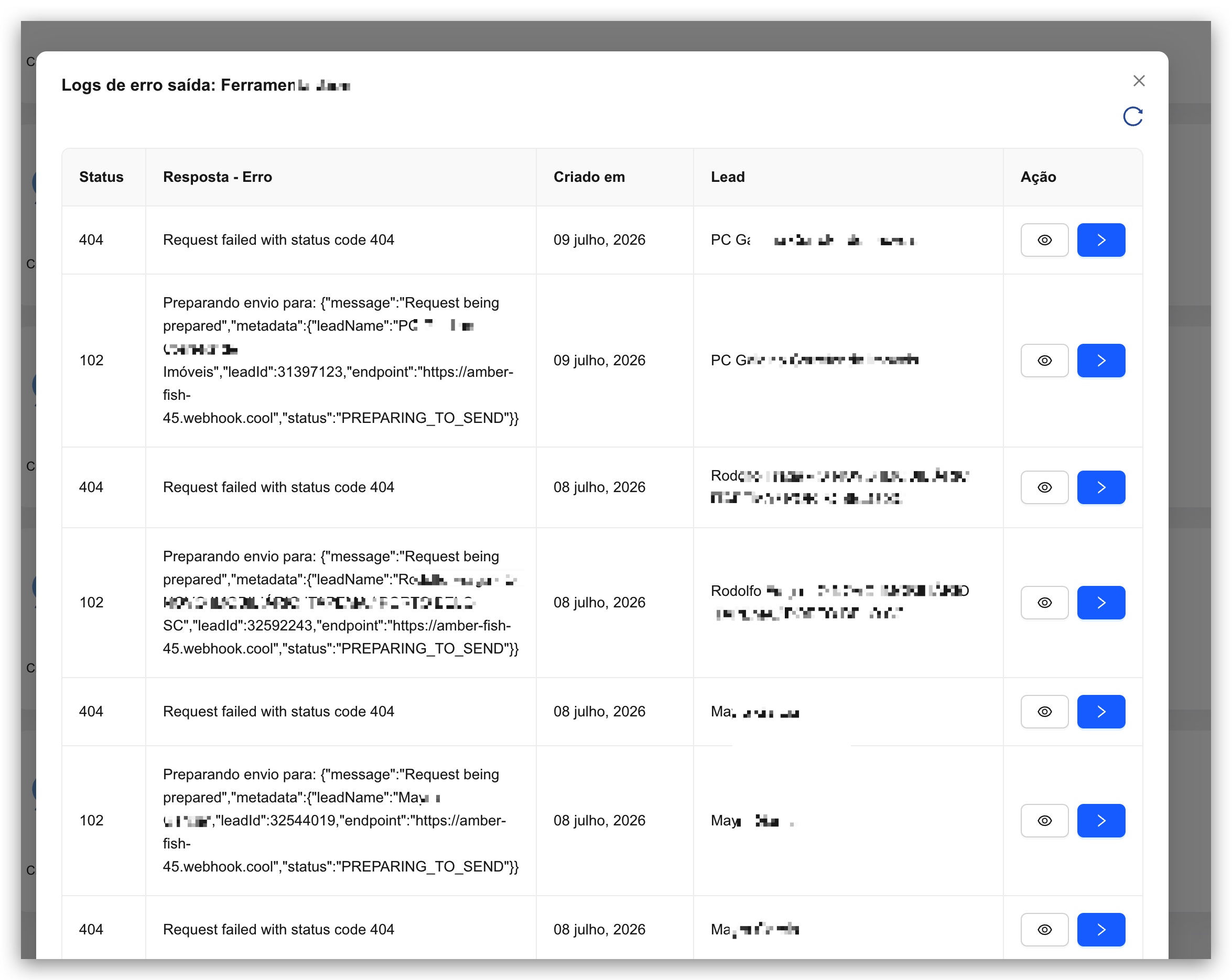 Tela de logs de envio da Saída, com status HTTP, mensagem e lead correspondente