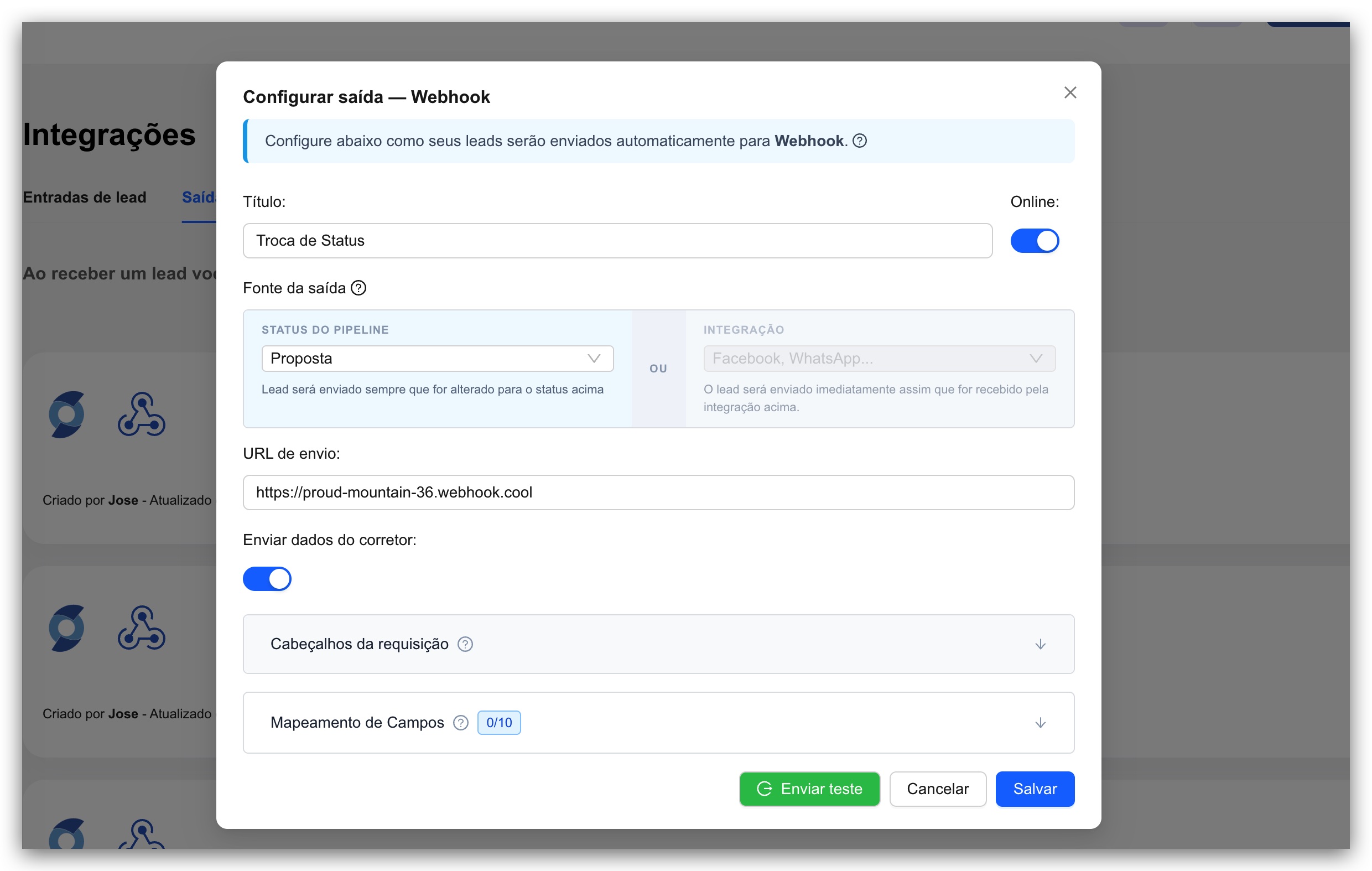 Tela de configuração da saída Webhook no painel do Imobilead